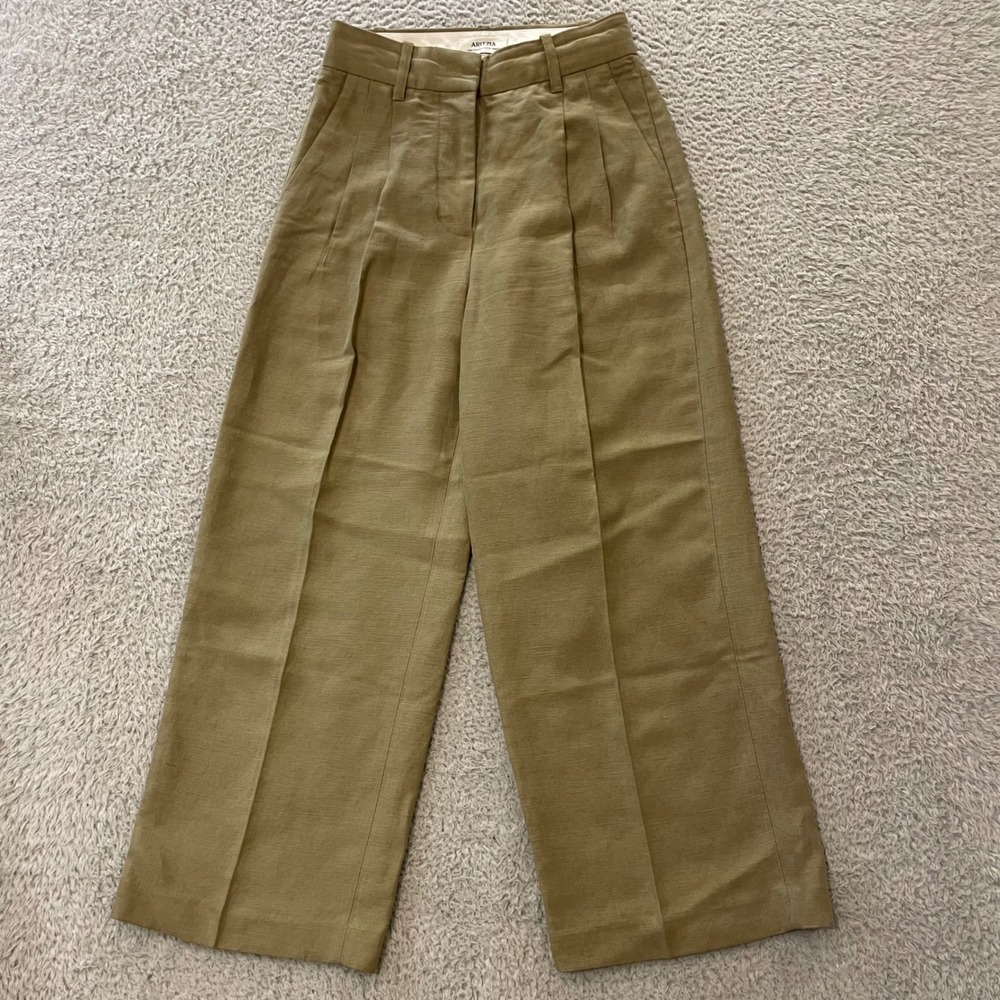 Aritzia The Effortless Pant Linen Blend Womens 00 Sage Wide Leg Pleated Trousers